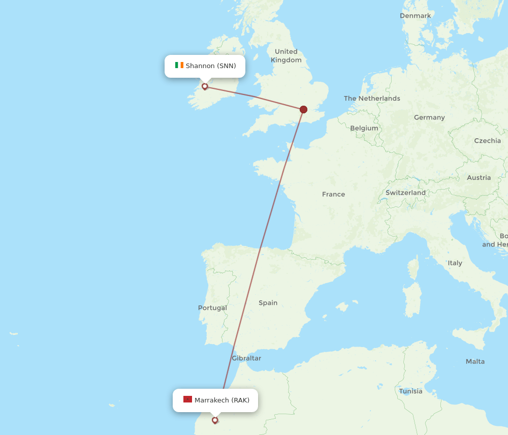 SNN to RAK flights and routes map