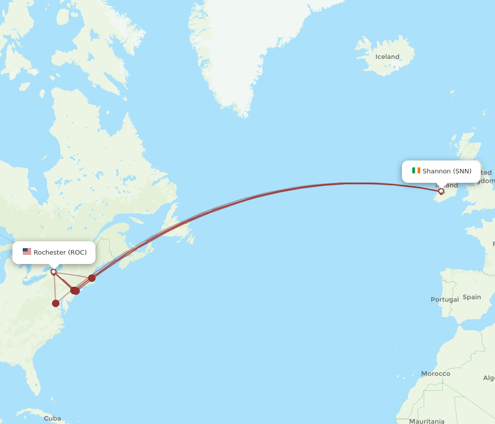SNN to ROC flights and routes map