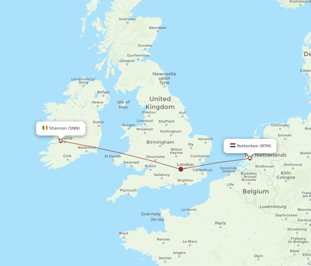 SNN to RTM flights and routes map