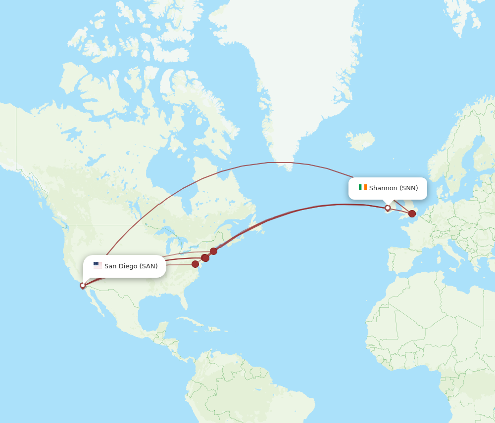 SNN to SAN flights and routes map