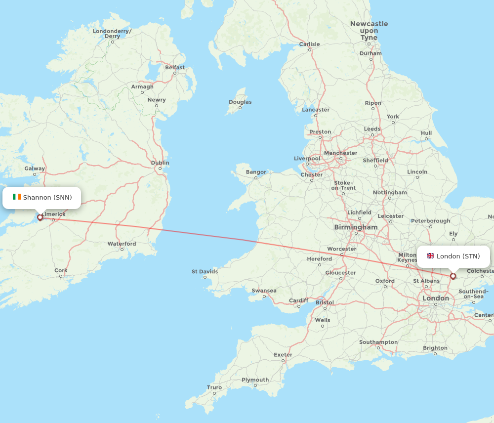 SNN to STN flights and routes map
