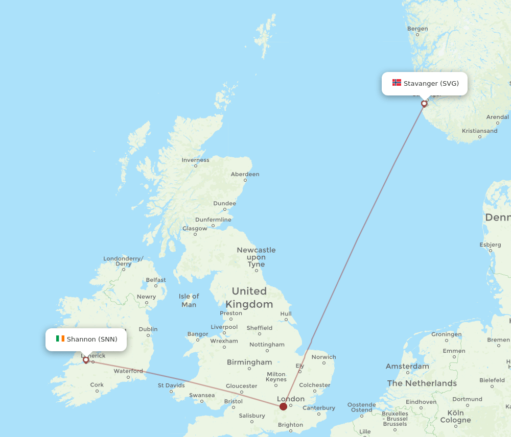 Shannon - Stavanger route map and flight paths