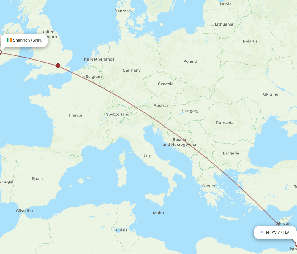 SNN to TLV flights and routes map