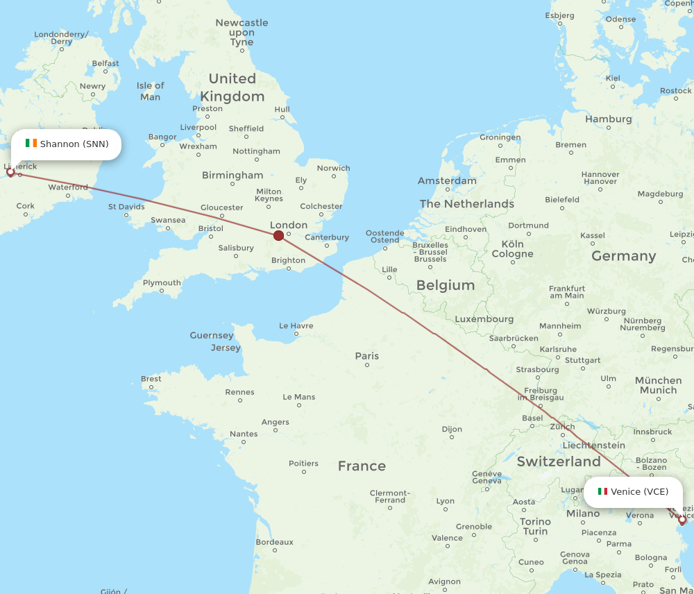 SNN to VCE flights and routes map
