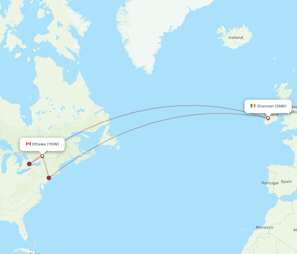 YOW to SNN flights and routes map