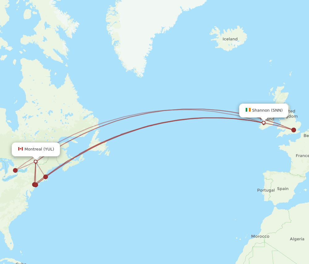 Montreal - Shannon route map and flight paths