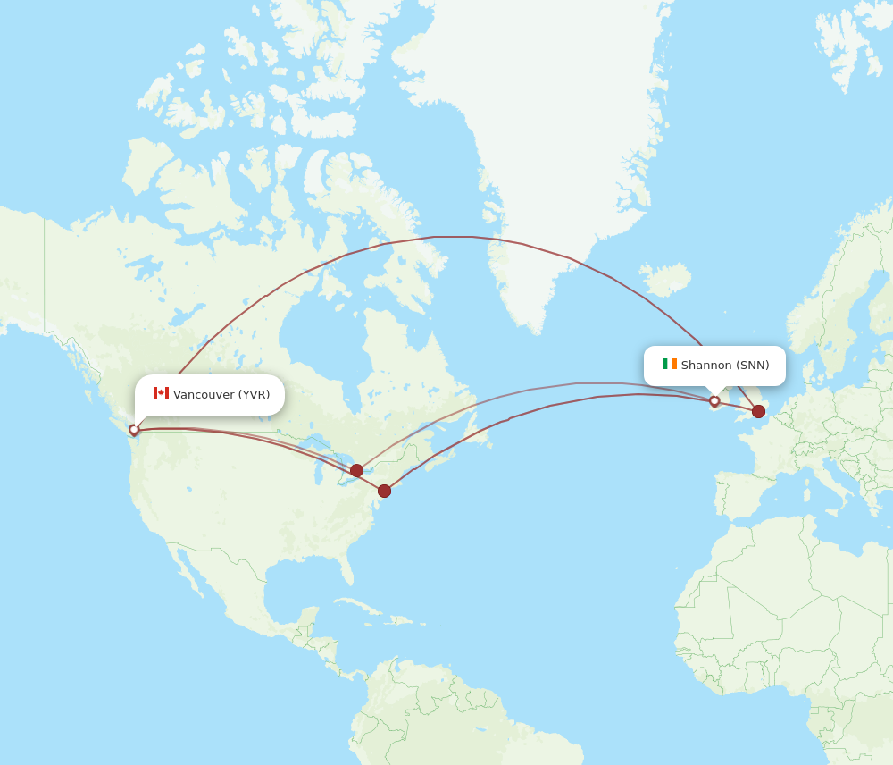 YVR to SNN flights and routes map