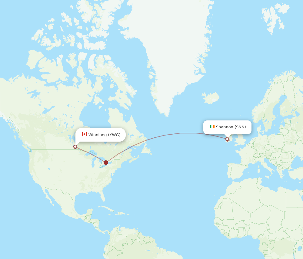 YWG to SNN flights and routes map