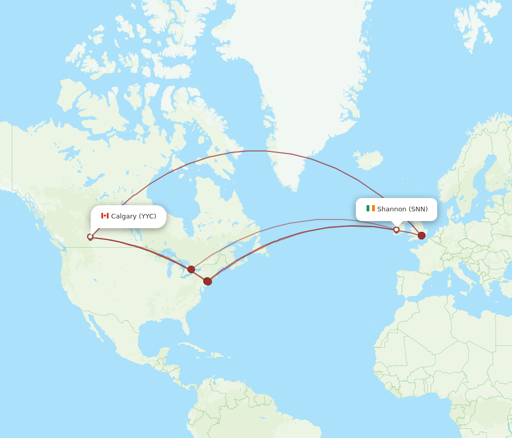 SNN to YYC flights and routes map