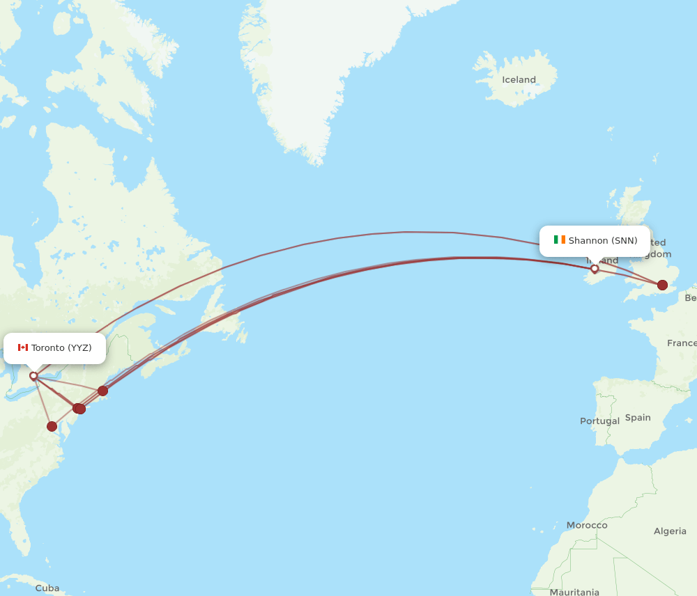 Toronto - Shannon route map and flight paths
