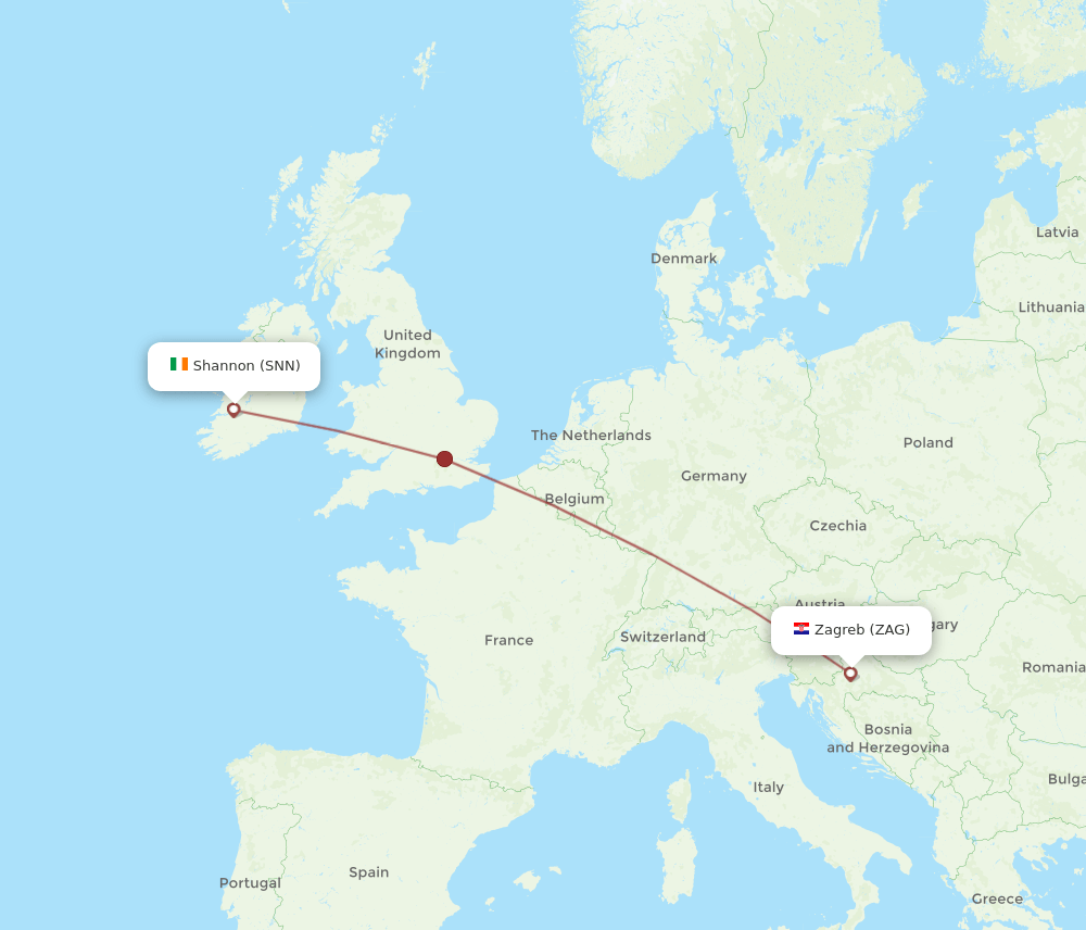 Zagreb - Shannon route map and flight paths
