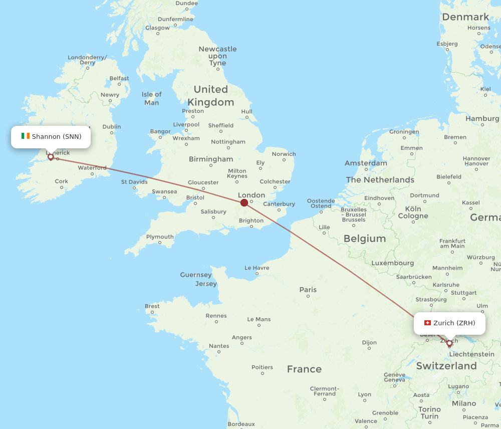 ZRH to SNN flights and routes map