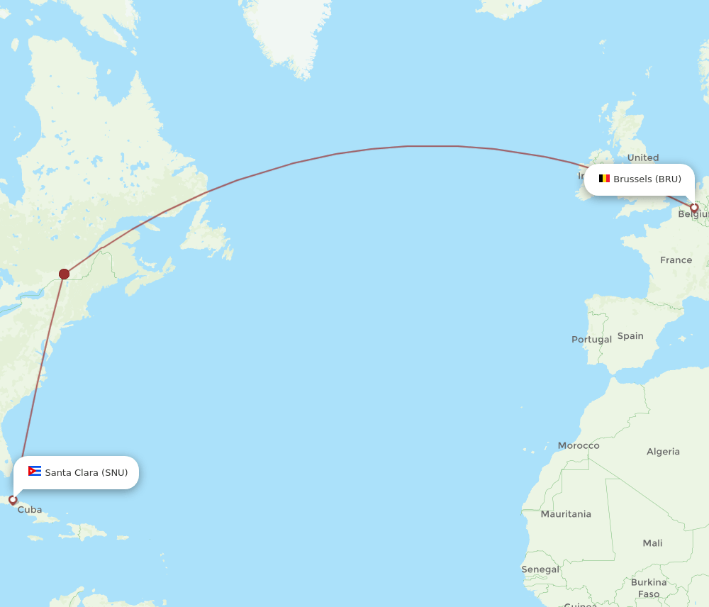 Brussels - Santa Clara route map and flight paths