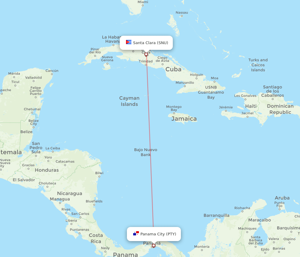 Santa Clara - Panama City route map and flight paths