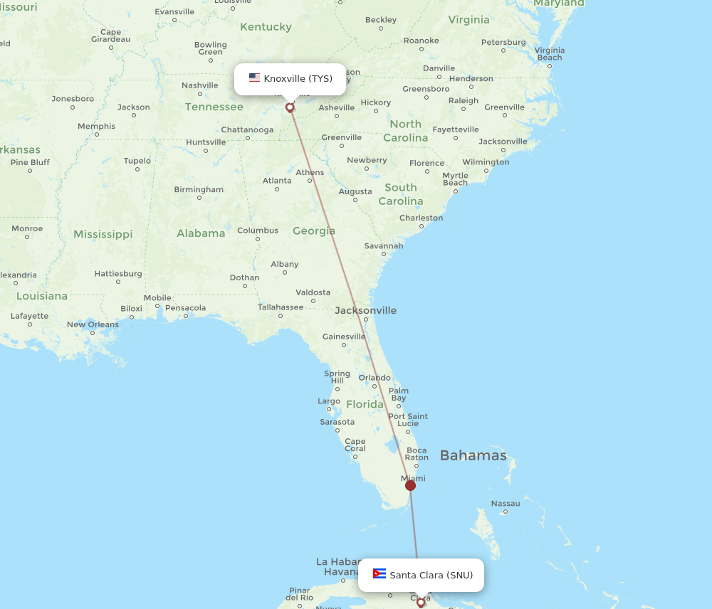 Knoxville - Santa Clara route map and flight paths