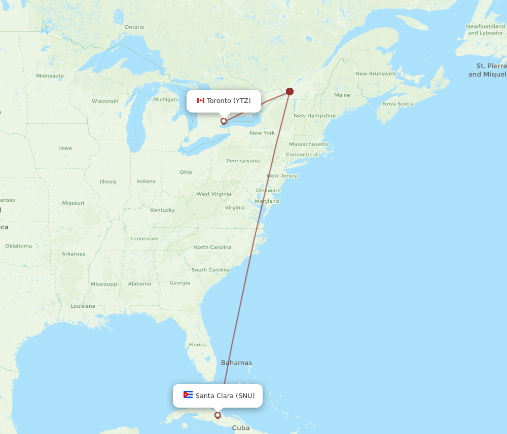 YTZ to SNU flights and routes map