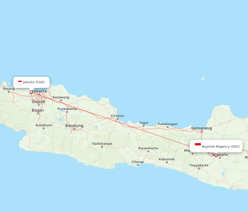 Surakarta - Jakarta route map and flight paths