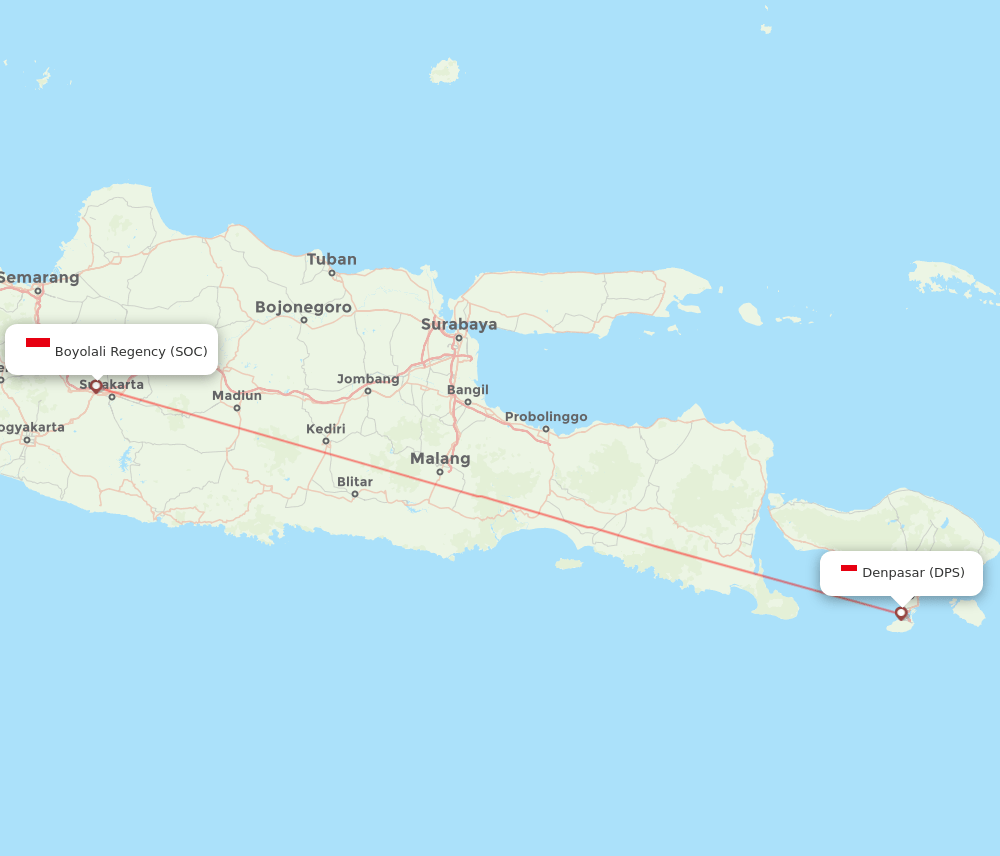 Surakarta - Denpasar route map and flight paths