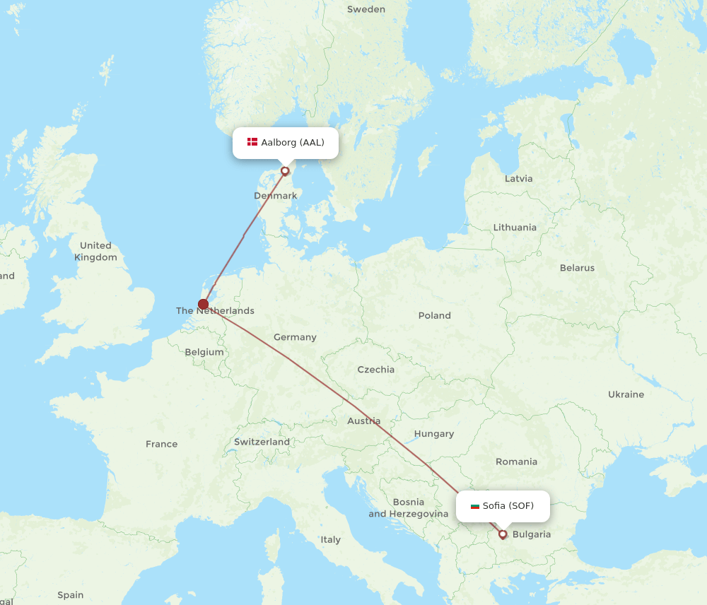 Aalborg - Sofia route map and flight paths