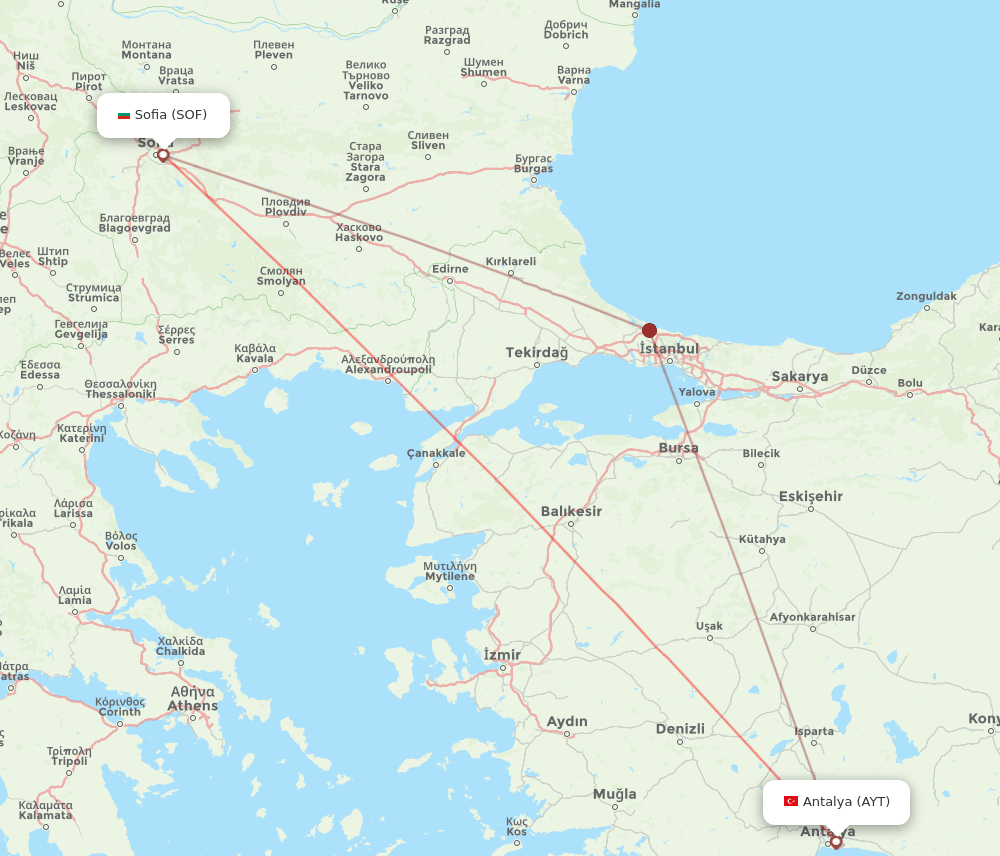 SOF to AYT flights and routes map