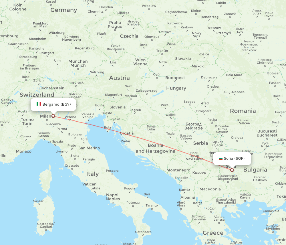 Sofia - Milan route map and flight paths