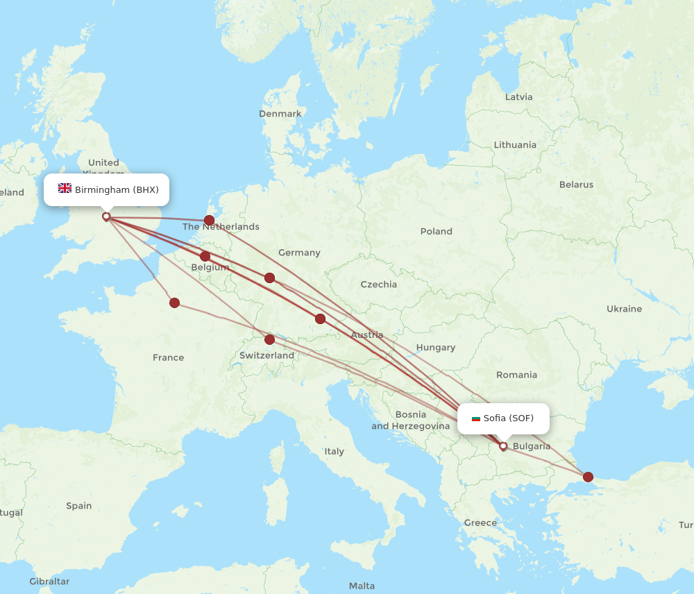 SOF to BHX flights and routes map