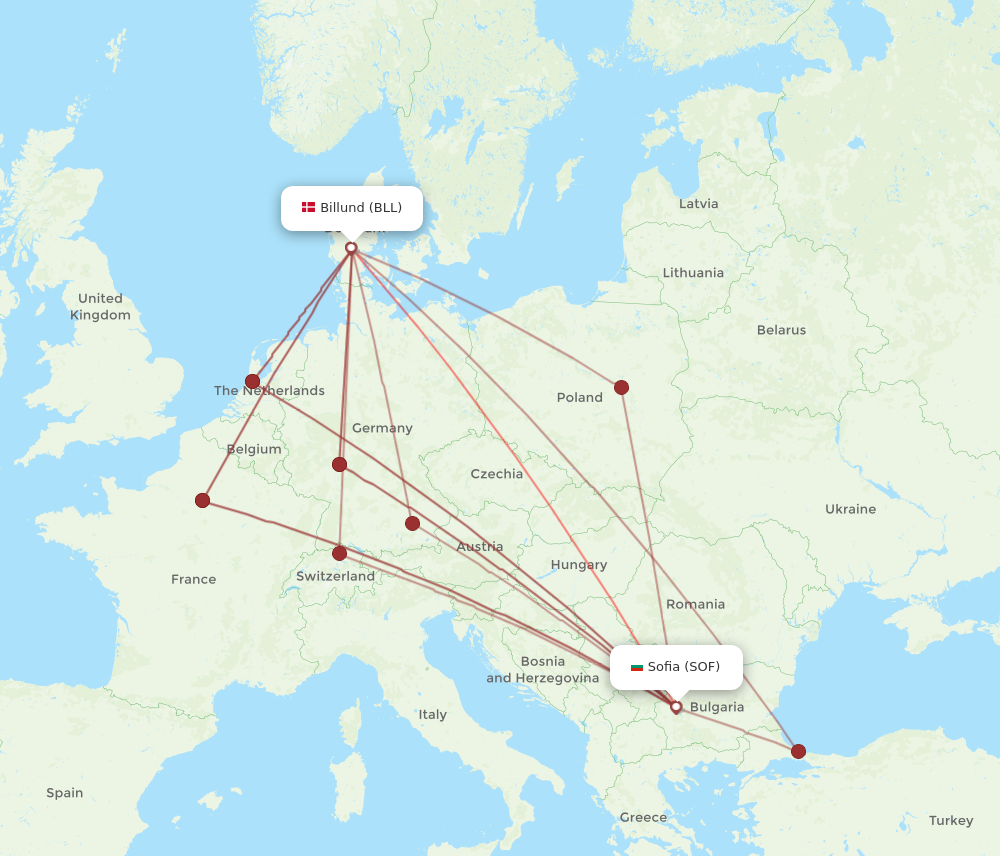 SOF to BLL flights and routes map