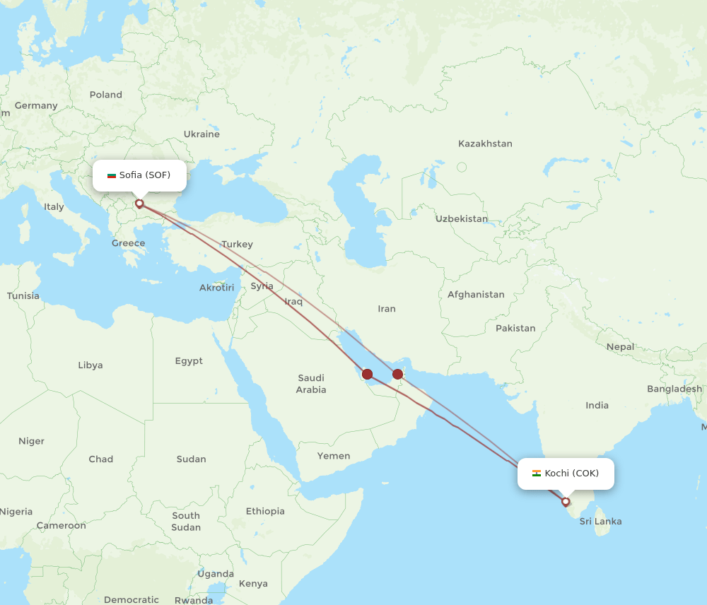 SOF to COK flights and routes map