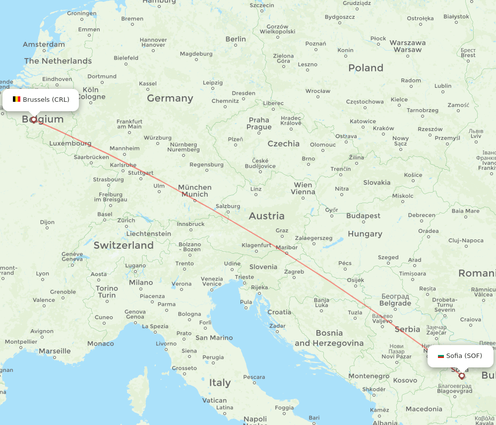 Sofia - Brussels route map and flight paths
