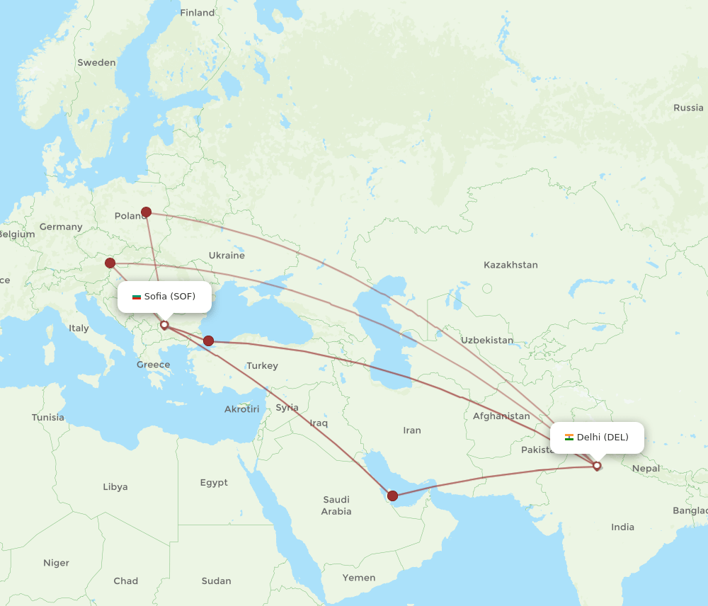 SOF to DEL flights and routes map