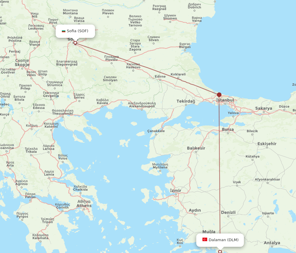 SOF to DLM flights and routes map