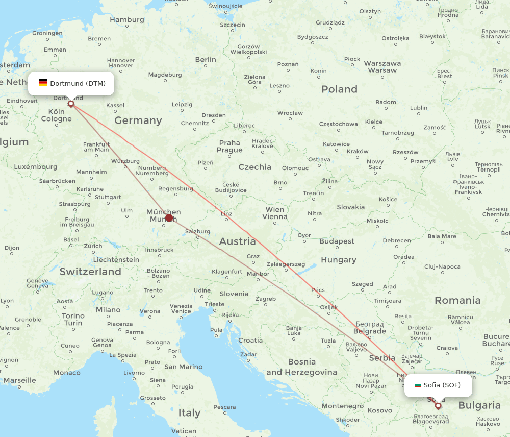 Sofia - Dortmund route map and flight paths