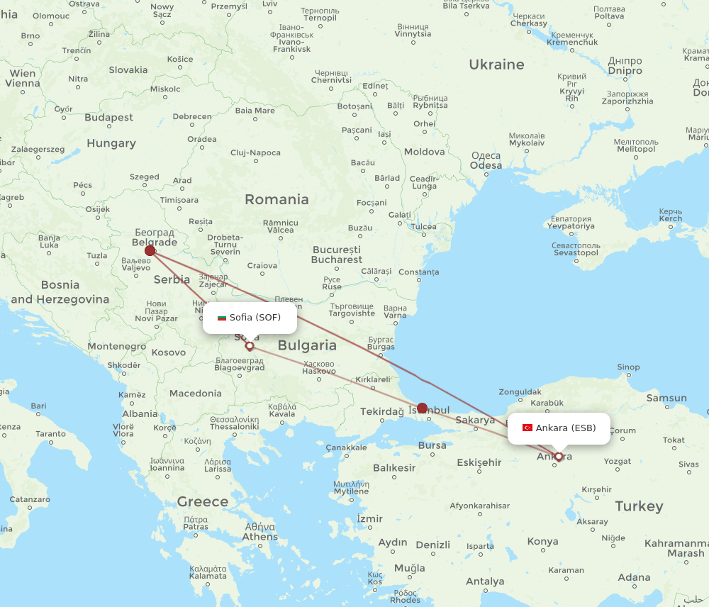 SOF to ESB flights and routes map
