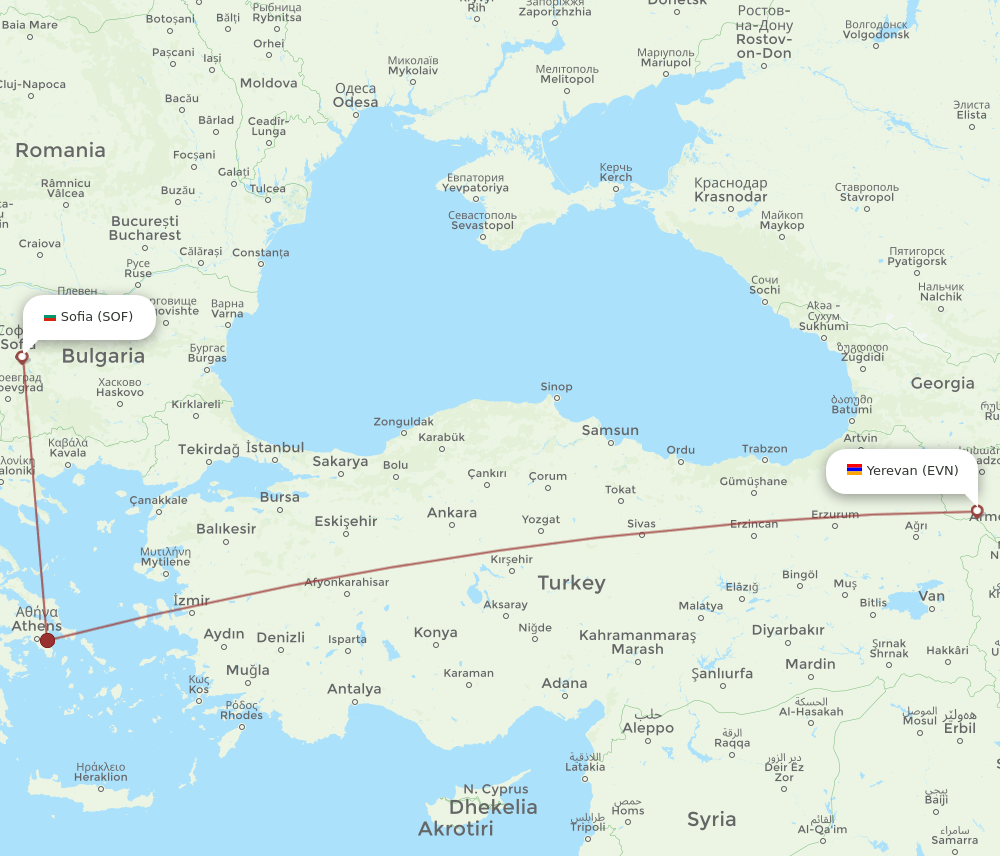 SOF-EVN flight routes