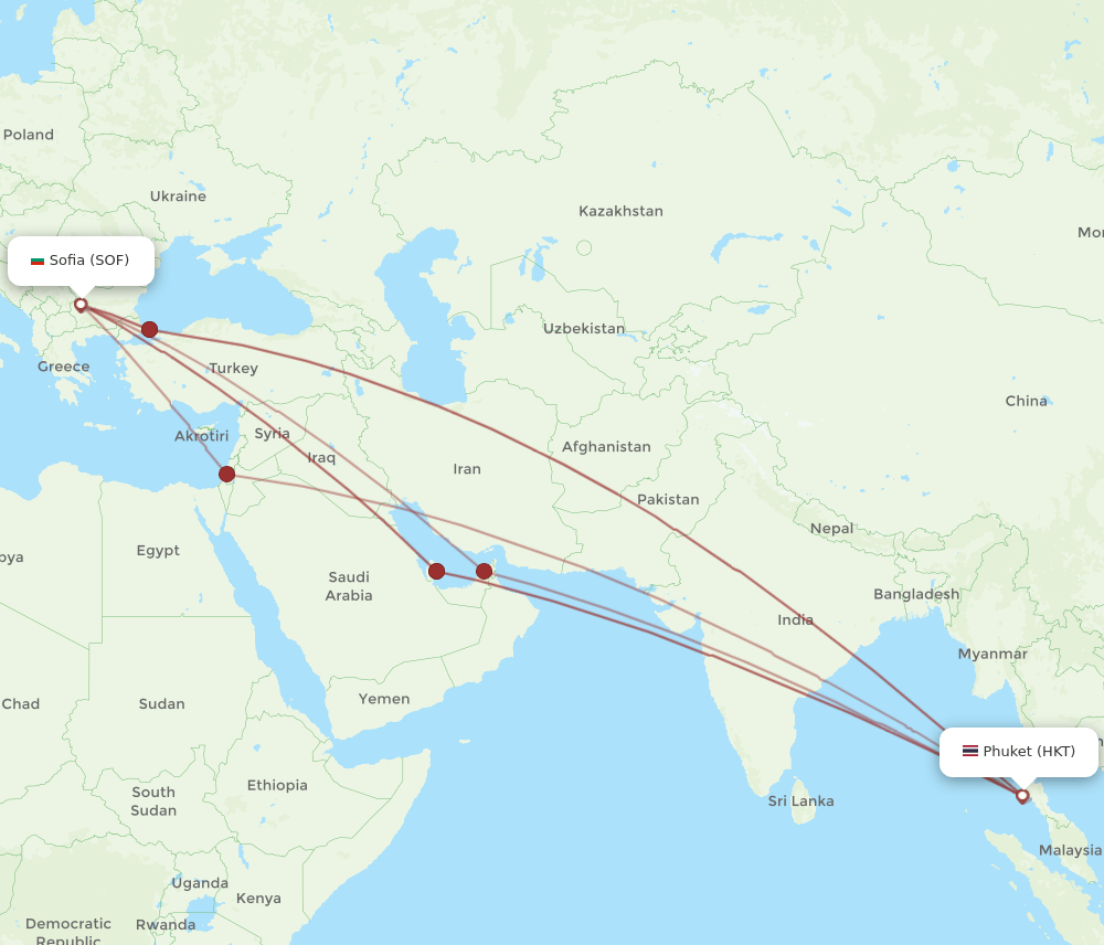 SOF to HKT flights and routes map