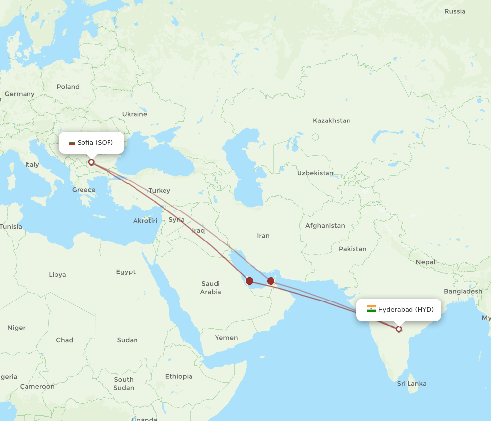 SOF to HYD flights and routes map