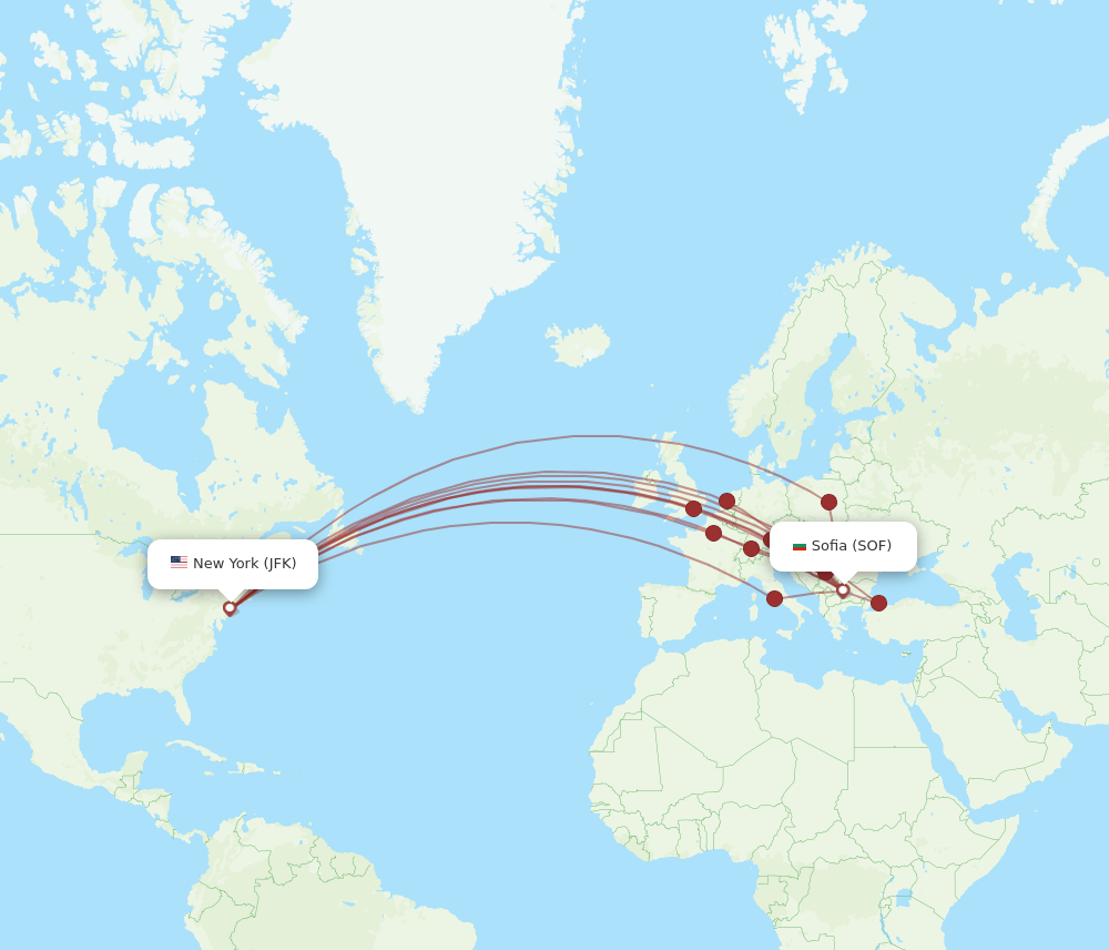 SOF to JFK flights and routes map