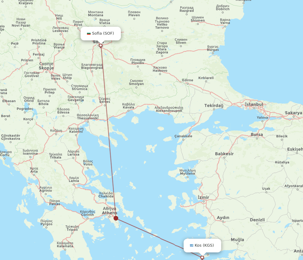 SOF-KGS flight routes