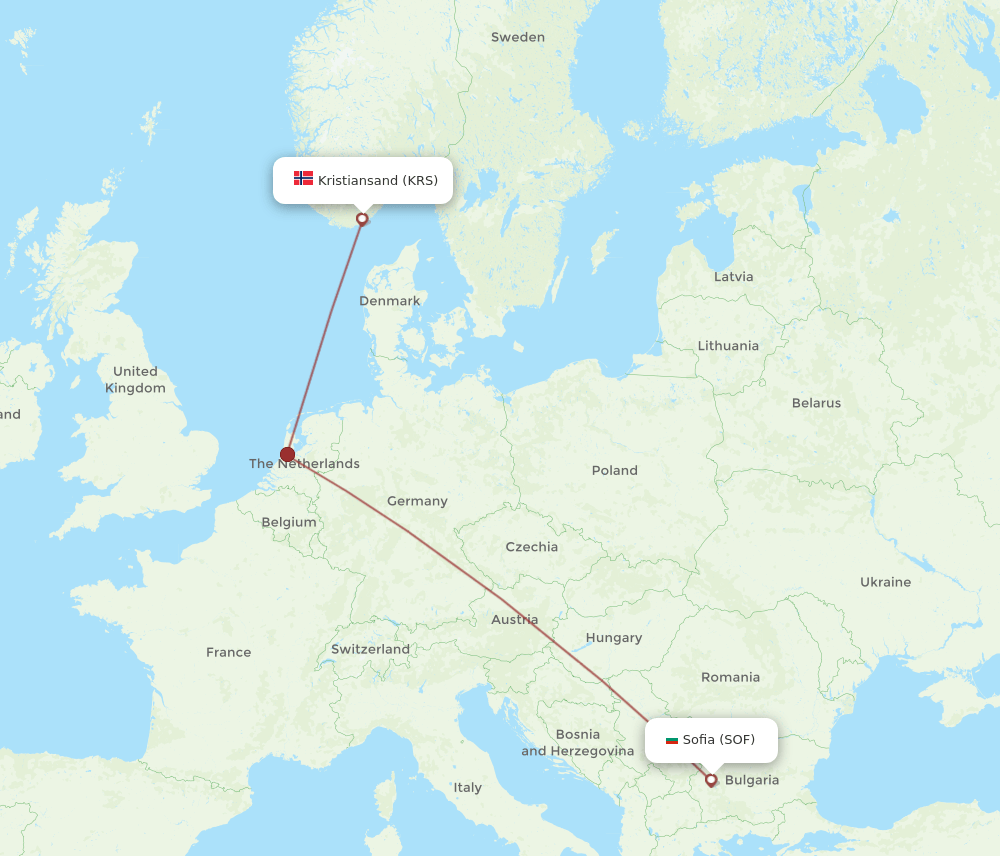 Kristiansand - Sofia route map and flight paths