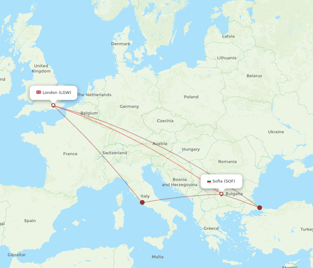 SOF to LGW flights and routes map