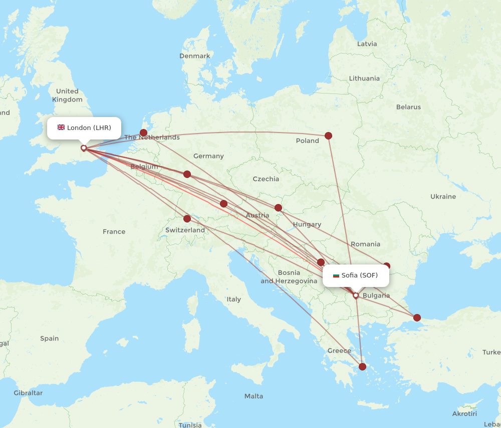 SOF to LHR flights and routes map