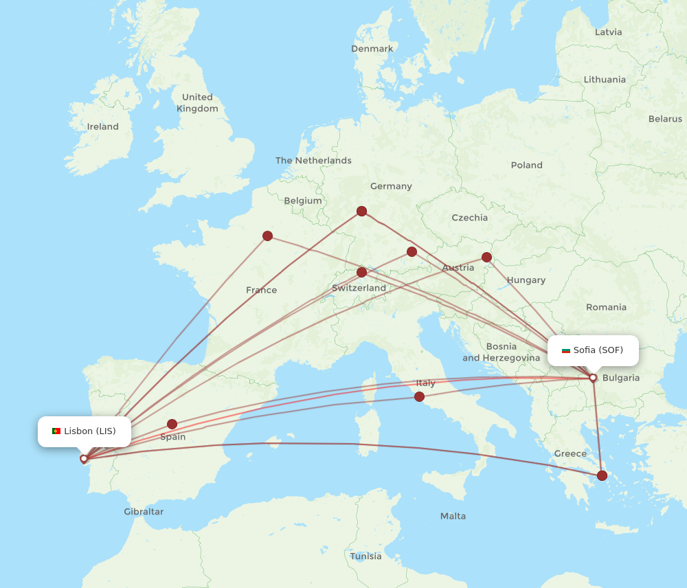 SOF to LIS flights and routes map
