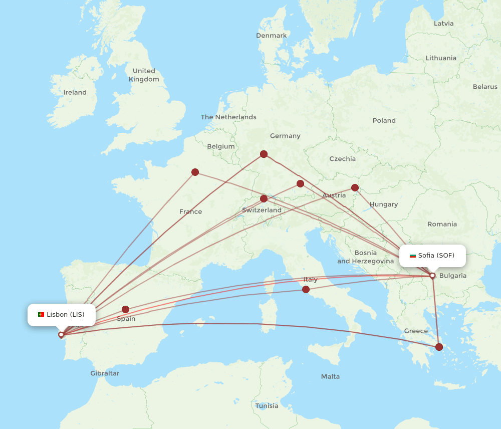 SOF-LIS flight routes