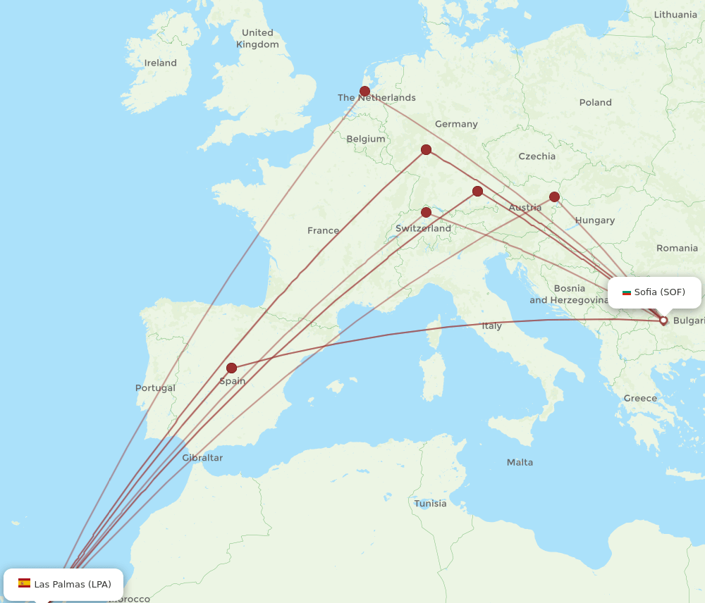 SOF to LPA flights and routes map