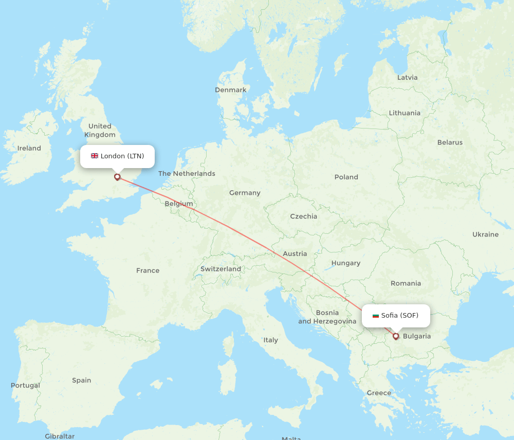 Sofia - London route map and flight paths
