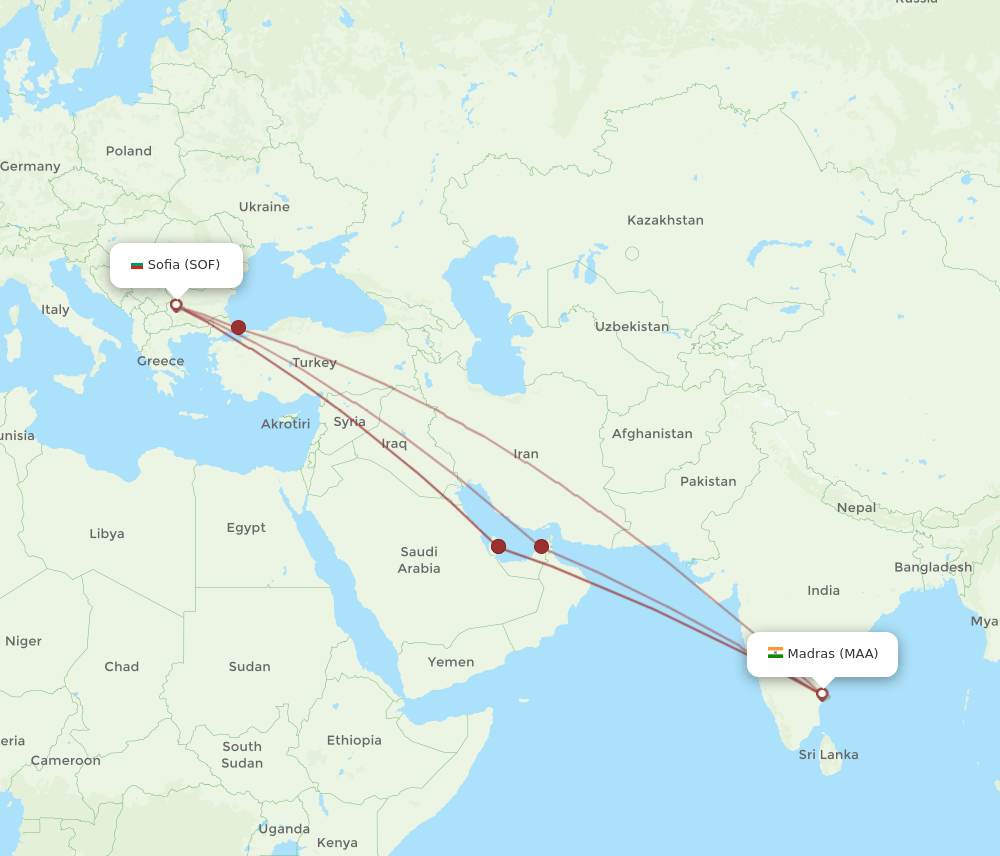 SOF to MAA flights and routes map