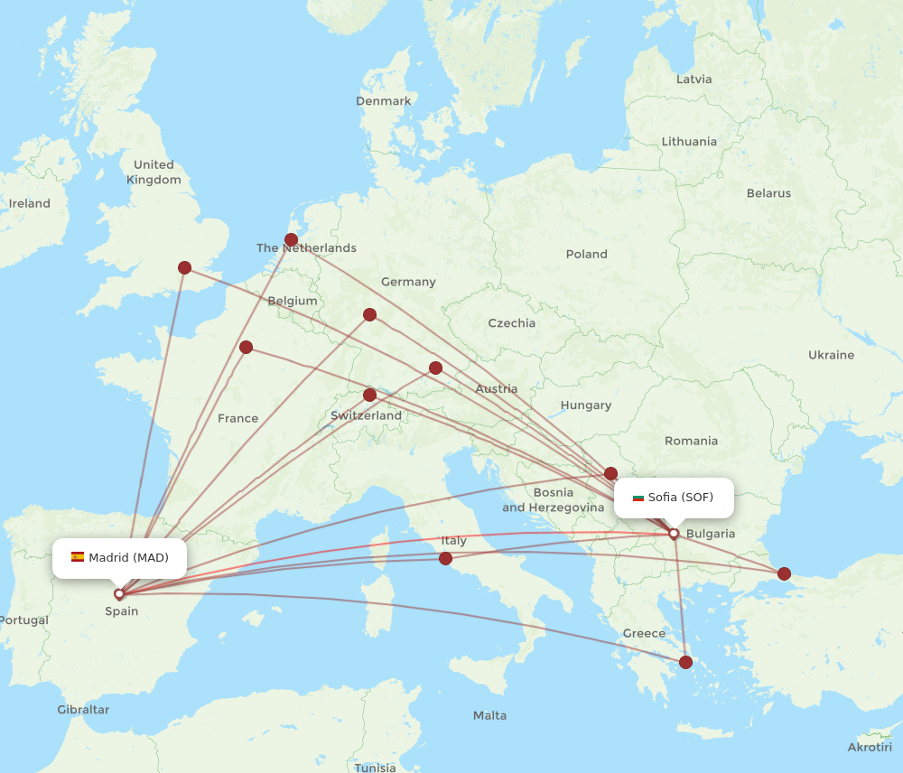 SOF to MAD flights and routes map
