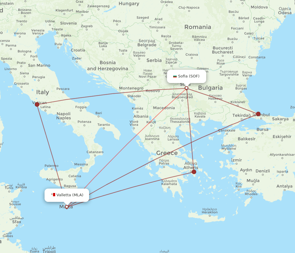 SOF to MLA flights and routes map