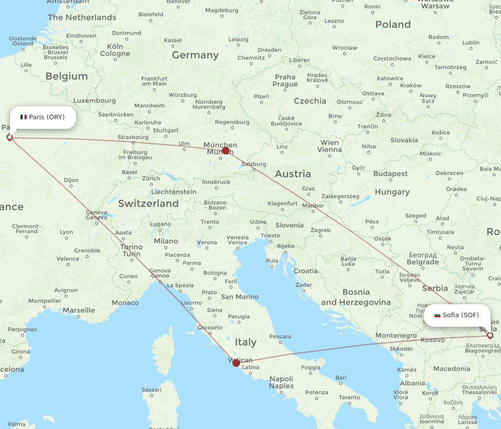 Sofia - Paris route map and flight paths