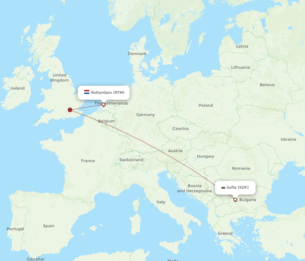 Rotterdam - Sofia route map and flight paths